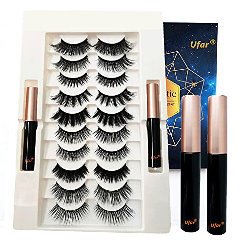 Ufar Magnetic False Eyelashes with Eyeliner - [ 2022 Upgraded ] 5 Pair Reusable 3D and Eyeliner, Lashes, Natural Fluffy Eyelash Applicator