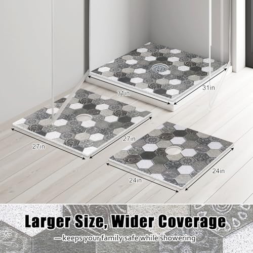 Image of Square Shower Mat Non Slip: 27x27 Inch Extra Large Shower Floor Mat with Drain Hole in Middle - Soft PVC Loofah Bath Mat for Shower - Anti Slip Shower Stall Mat for Elderly and Kids