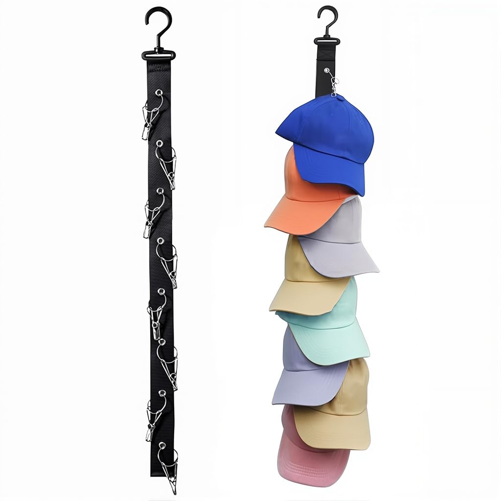 HASTHIP® Wall Hanging Hat Organizer Clip Belt, Wardrobe Sun Caps Storage Belt with 8Pcs Clips Hat Storage Rack, Swivel Hanging Hook Design-image-24