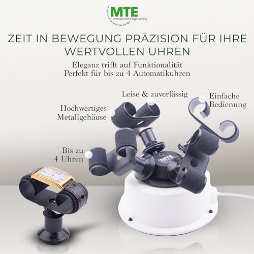 MTE Bewegungstechnik Uhrenbeweger (WTS 4 Weiß) bis zu 4 Uhren – Elektronisch gesteuerte Rotation und Pausen – Uhrenbeweger für Automatikuhren – leiser Watch Winder – Made in Germany