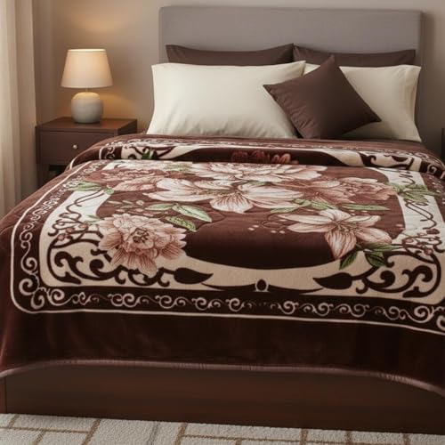 Image of Luxurious Heavyweight Microfiber Korean-Style Plush Blanket, Floral Velvet, 240x220 cm, Winter Comfort, Single Layer (Brown Multicolor, Double)