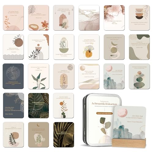 24 Affirmationskarten für Frauen - Achtsamkeitskarten inkl. Holzständer - Motivationskarten mit Sprüchen, Impulsfragen - Selbstliebe Karten - Achtsamkeit Geschenke, Geburtstagsgeschenk für Frauen