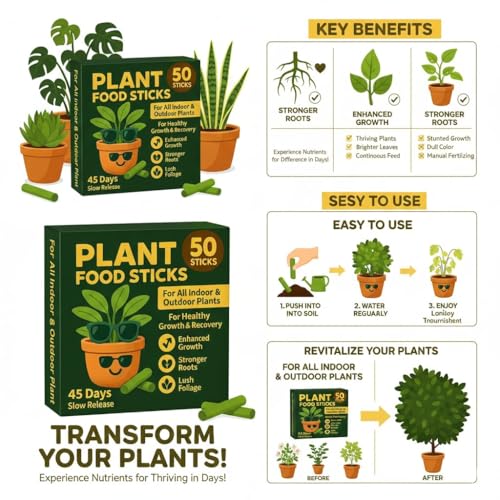Image of Amazon Brand - Natural Fertilizer Sticks, Magic Stick Plant Food for Indoor & Outdoor Plants, Natural Fertilizer Home Garden Plants | Plant Growth Booster Healthy Plant Flower Food Stick | Pack of 50