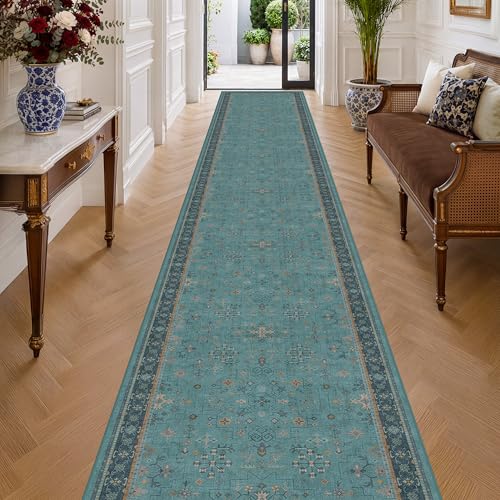 Hazo Haus Boho 3x20 Extra Long Hallway Runner Rug - Non Slip Waterproof Kitchen Floor Mat - Modern Teal Green Eclectic Floral Design Décor