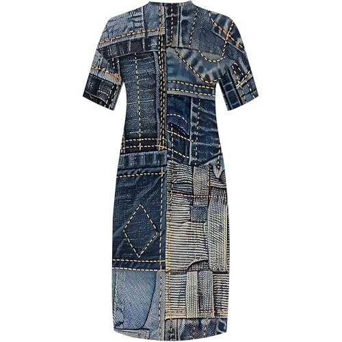 Image of SUZONANA Plus Size Denim Print Shirt Maxi Dresses for Curvy Women Casual Blue Jean Summer Outfits Long Short Sleeve Dress with Pockets Patchwork XL