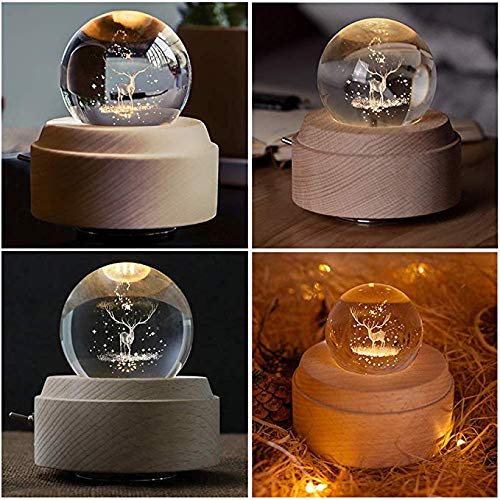 Fsigom Projection Led Light-3D Crystal Ball Music Box Luminous Rotating Musical Box-Wood Base Best Gift For 【Mother's Day Gift】 Birthday Christmas (Elk) #TOP4