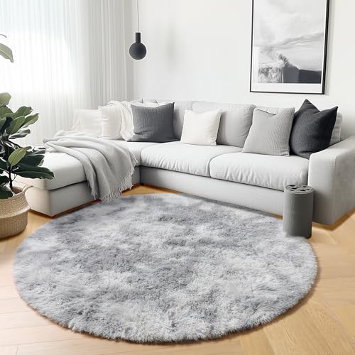 Image of ONASAR Tie-Dyed Light Grey Round Area Rugs 6ft, Ultra Soft Bedroom Circle Rug for Kids Girls Boys Teen Room, Fluffy Plush Shaggy Carpet Floor Mats for Dorm Nursery Living Room Playroom Home Decor