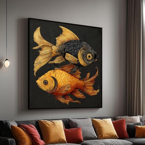 Toile carpes koi dorees noir XINBAO cadre 30x30