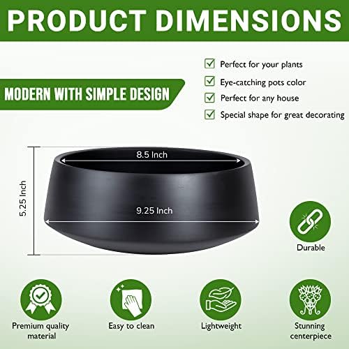 Black Ceramic Round Contoured Planter Bowl, Modern Elegant Centerpiece Flower Pot Indoor Or Outdoor 5\" H x 12\" - Fusion Pot