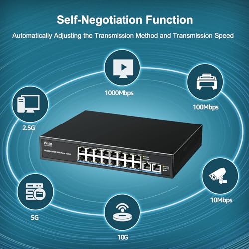 Image of 18-Port 2.5G Ethernet Switch with Dual 10GBASE-T Port, Vimin 16X 2.5G +2 x 10Gb RJ45 Ports Unmanaged Switch, 120Gbps Capacity, 2.5G /10G Switch Desktop /Wall Mount Network Switch for NAS, PC, AP