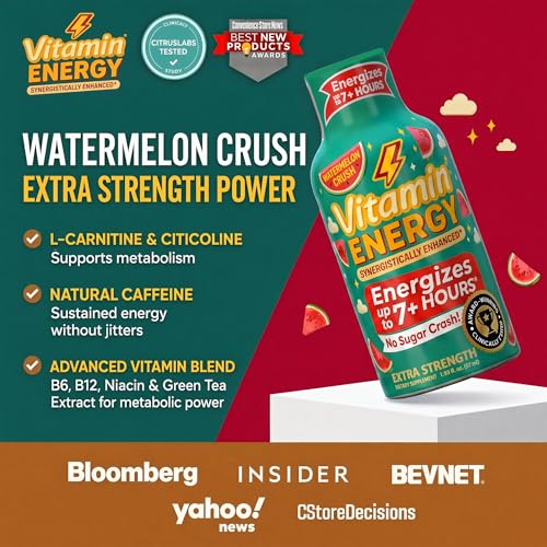 Image of Vitamin Energy Watermelon Crush Extra Strength Energy Shot, 10 Pack - Up to 7 Hrs, 260mg Natural Caffeine, Zero Sugar - Green Tea Extract, Immune Support, B12 B6 Niacin, 1.93 fl oz, Keto Vegan