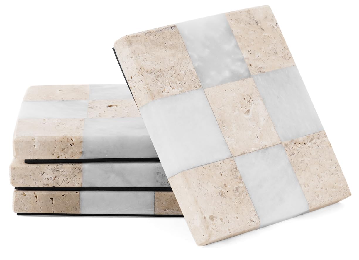EarthenTones White & Travertine Marble Coasters Set of 4 – 4" Checker Coasters for Drink, Handmade Kitchen Decor, Decorative Home Accessories, Modern Coaster Plates for Home Décor