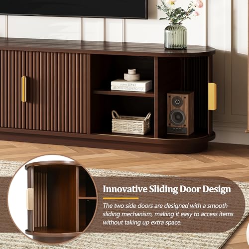 Merax Fluted Wooden TV Stand for TVs up to 75", Farmhouse Entertainment Center with Sliding Door, Curved Media Console with Adjustable Shelves, Modern Television Cabinet for Living Room, Walnut - Image 6