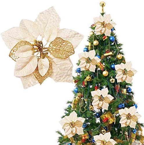 Awtlife Pack of 15 Glitter Poinsettia Christmas Tree Ornaments Christmas Decorations Flower 8.6 Inch Gold