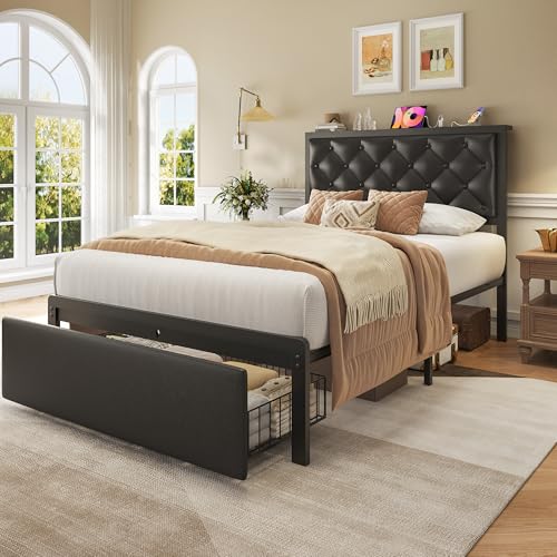 Image of Fluest Twin Bed Frame with Storage Drawer, Upholstered Headboard Button Tufted Bed Frame with Charging Station, No Box Spring Needed, Noise-Free, All Metal Structure, Black