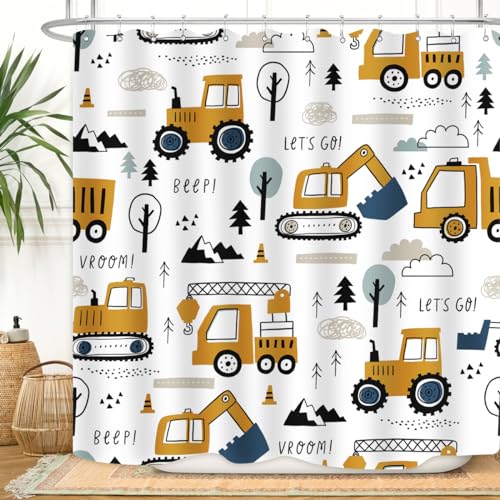 Image of Construction Truck Shower Curtain Cartoon Excavator Vehicle Tractor Cars for Boys Kids Machinery Navy Blue Yellow Bathroom Decor Waterproof Fabric 72Lx72W Inch with Hooks