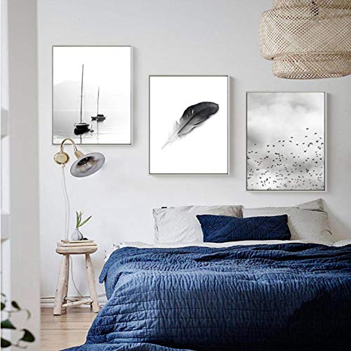Toile abstraite paysage de plumes noir et blanc déco salon moderne 3 pièces 50x70