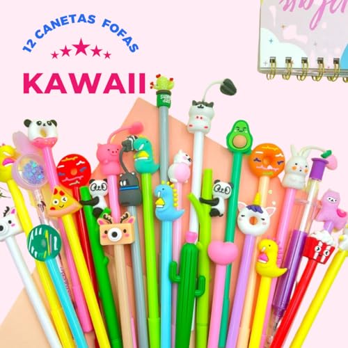 12 Canetas Fofas - 12 Canetas em Gel Bichinhos Personagens Sortidas Kawaii 12 Unidades