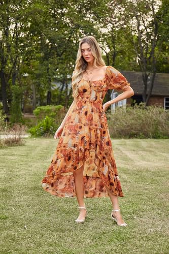 SCARLET DARKNESS Sommerkleid Damen Viktorianisches A-Linie Blumenkleid Puffärmel Kurzarm mit Rüschen Corsagenkleid Gelb und Sonnenblumen XL 3