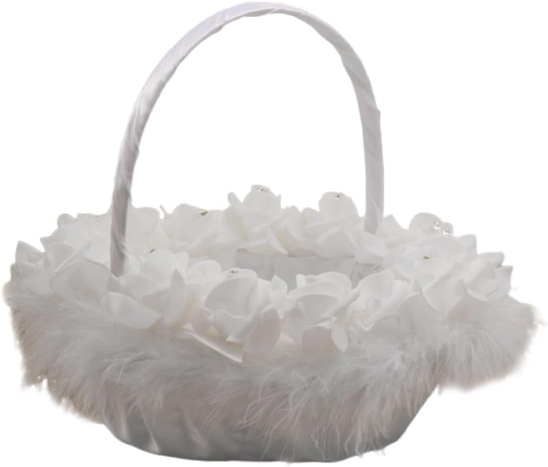 YARNOW Wedding Flower Basket White Handheld Basket for Wedding Use Flower Girl Ceremony Supplies