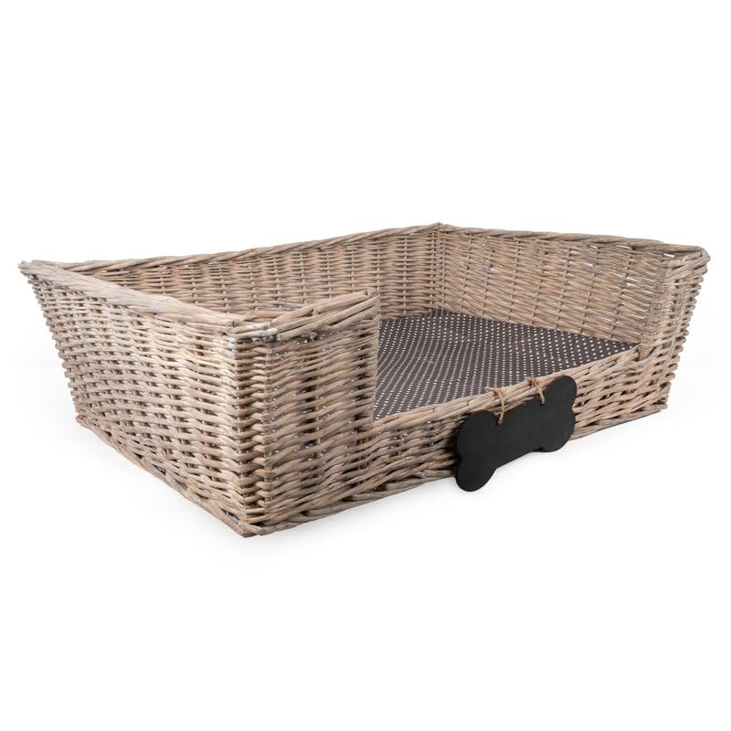 Madison & Mayfair Large Dog Basket with Padded Bed with Chalk Board Personalisation - Grey Wicker for Large Breeds - H23cm x W76cm x D59cm
