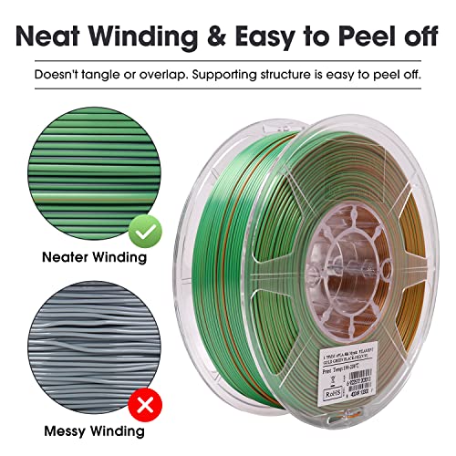 Image of eSUN Silk Mystic PLA Filament 1.75mm, Shiny Silk Three Color Co Extrusion 3D Printer Filament, 1KG (2.2 LBS) Spool 3D Printing Color Change Filament for 3D Printers,Gold Green Black