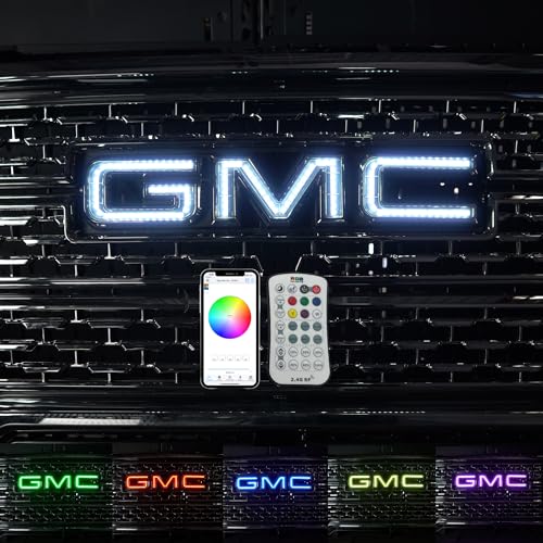 RGB Halo Kits Multicolored LED Logo to fit GMC Front Emblem - Illuminated Truck Logos 2007-2018 Sierra Models - Replacement to fit GMC Emblems for Trucks - LED Truck Logo Emblems - Made in USA