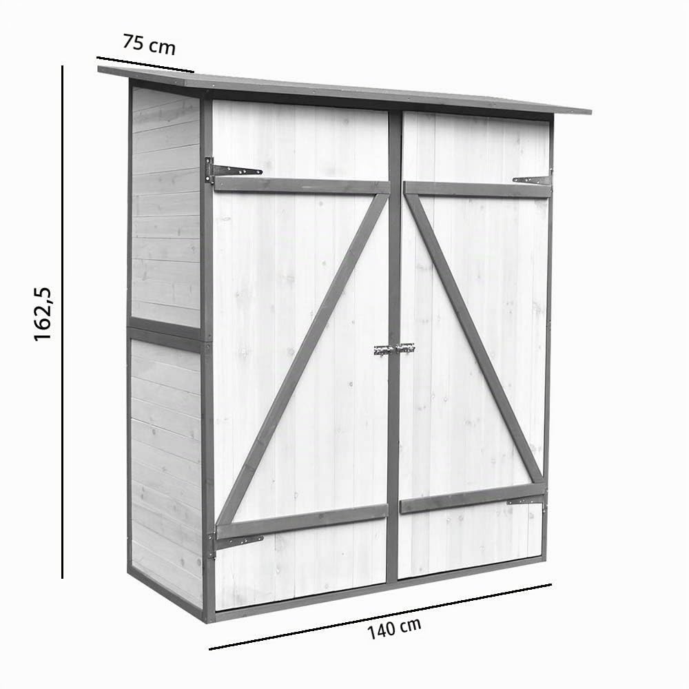 Melko Armario de jardín con techo reprimido y puerta de doble hoja blanco/gris, cobertizo de madera 162 x 140 x 75 cm, incluye estante
