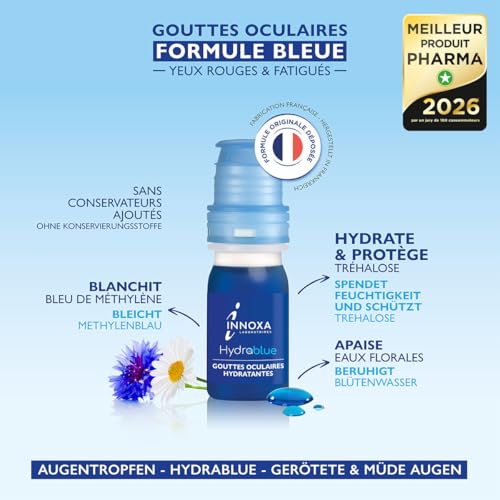 INNOXA Laboratoires - Blaue Formel Augentropfen - Aufhellung des Augenweiß – Befeuchtet gerötete und müde Augen – Originalformel – Made in France – Ohne Konservierungsstoffe - 2x10 ml