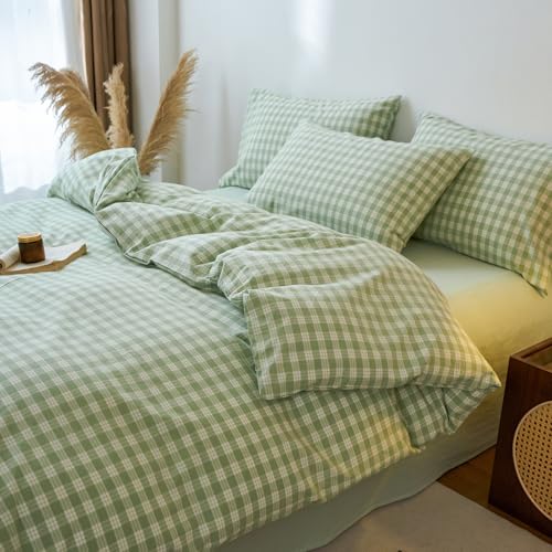Image of EAVD Vintage Style Green&White Plaid Gingham Duvet Cover King Soft 100% Washed Cotton Fresh Grid Checkered Gingham Bedding Set with 2 Pillowcases Farmhouse Green Plaid Duvet Cover with Zipper Closure