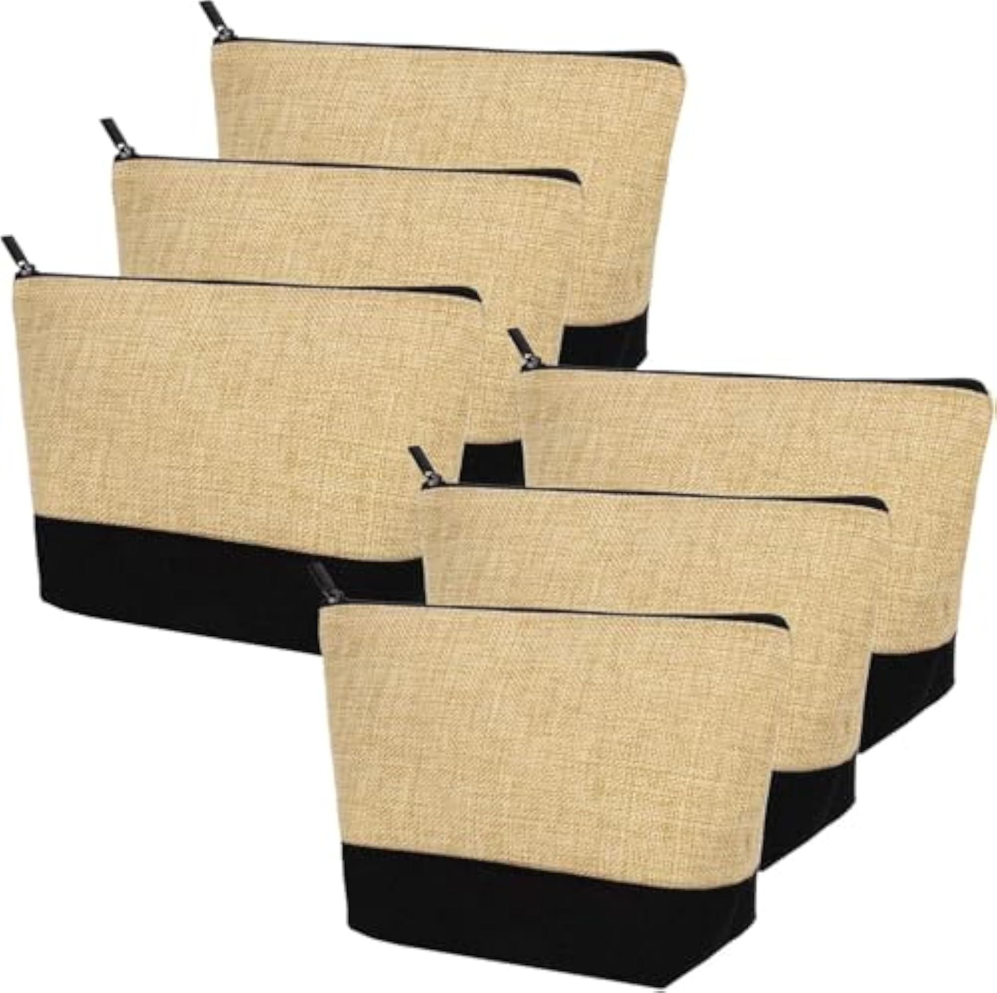 6 Pack Jute Makeup Bag with Zipper, Beige and Black