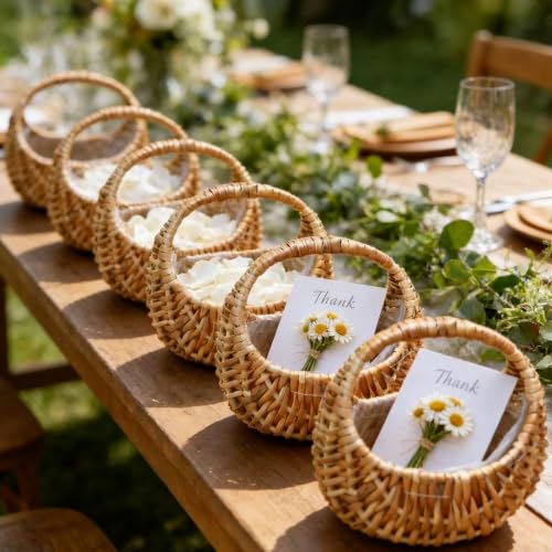 Image of Taiyin 24 Pack Flower Girl Basket with Handle, 6.7 x 6.5 x 4.3 Inch | Rattan Basket Half Moon Straw Wicker, Ideal for Wedding Flower, Petals, Confetti, Candy & Gifts, Picnic, Garden Storage Decor