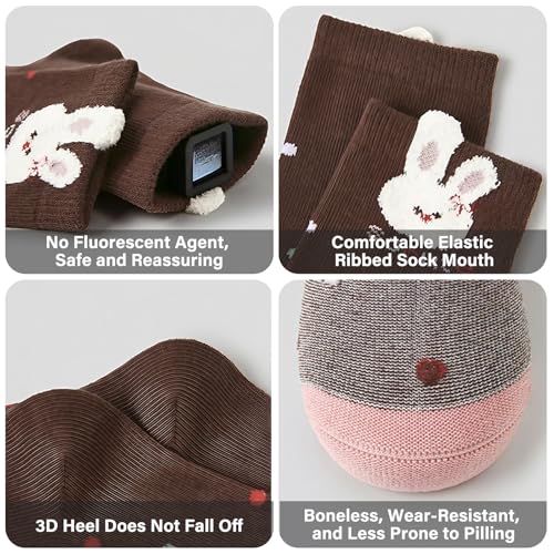 Girls Toddler Socks Mid-Calf Crew Socks White Stripes Ribbed Cuffs Rabbit Letter Embroidery Cute 5 Pairs 1-3 Years4