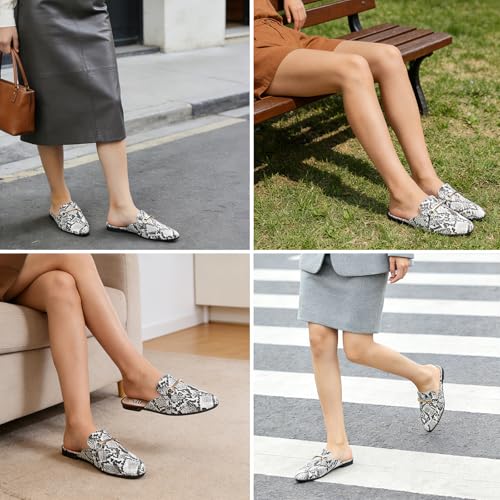 Image of MUSSHOE Gold Buckle Mules for Women - Comfortable Memory Foam Loafers, Classy Slip On Flats for Office Business Casual, Dressy Pointed Toe Shoes