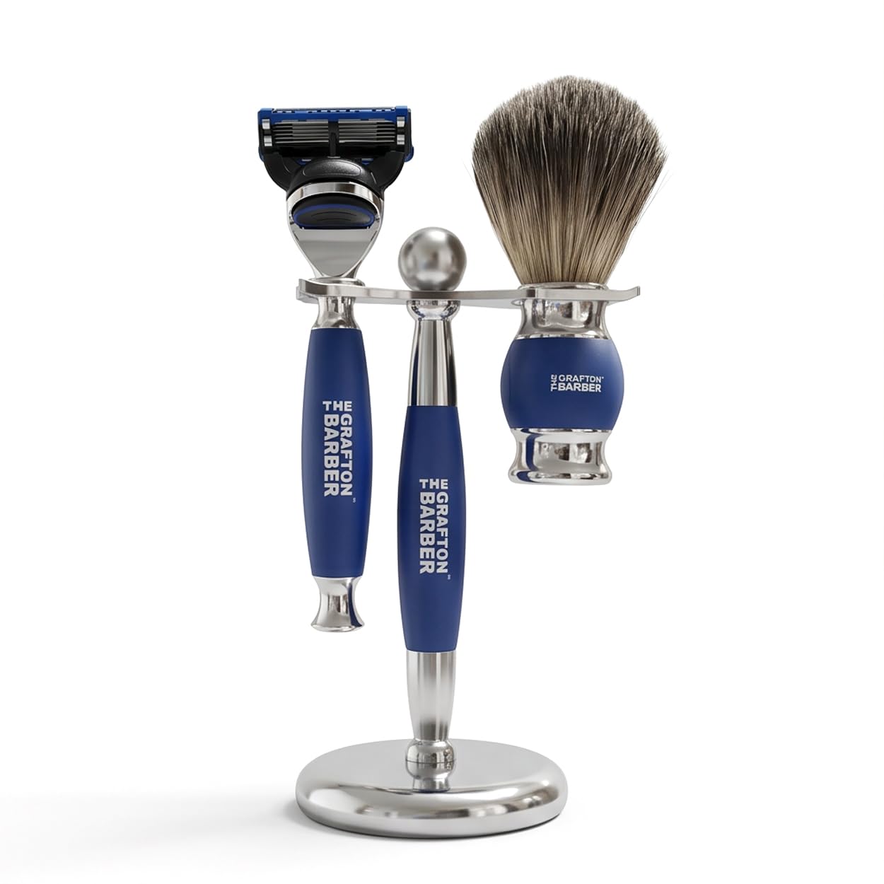 Kit de support de rasage de qualité supérieure en acier inoxydable – Kit de rasage humide de luxe pour homme avec rasoir de sécurité, blaireau et support – Kit d'entretien professionnel de style