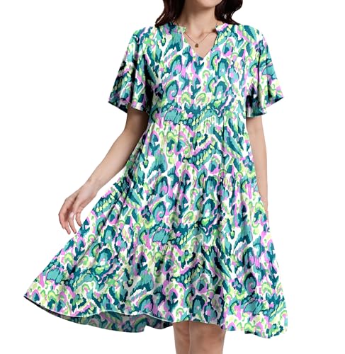 Image of Womens Casual Tiered Swing Midi Dress Ruffle Sleeve V Neck A Line Petite Summer Dresses with Pockets