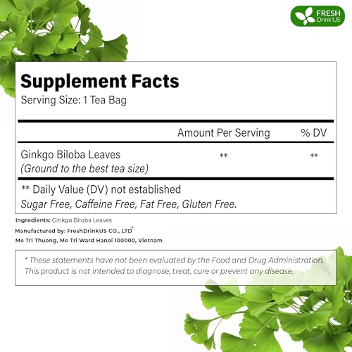 Image of FreshDrinkUS, Premium 75 Ginkgo Biloba Leaf Tea Bags, 100% Natural & Pure from Ginkgo Biloba Leaves. Loose Leaf Herbal Tea. Made with Eco-Conscious Tea Bags. No Sugar, No Caffeine, No Gluten, Vegan.