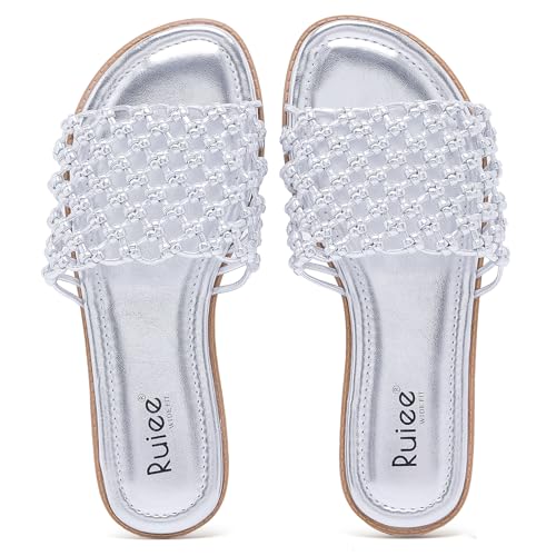 Image of Ruiee Wide Width Flat Sandals for Women. | Wide Width Sandals, X-Wide Feet Slides, Summer Braided Flat Slides, Versatile, Fashion Comfort