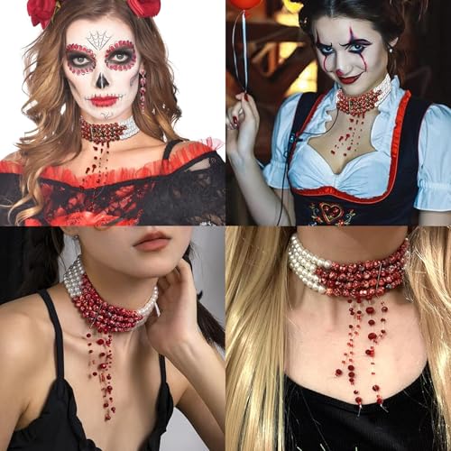 Auzlya Tropfende Blut Imitationsperlen Halskette,Halloween Blutige Perlenkette,3 Stück Halloween Accessoires Damen,Gothic Perlen Armband Ohrringe Halskette,Halloween Vampir Party Kostüm