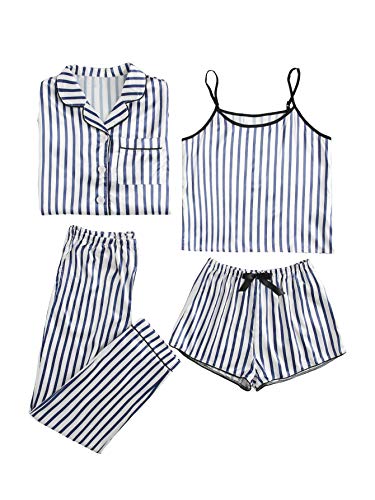 WDIRARA Women's Sleepwear 4pcs Satin Cami with Shirt Pajama Set Blue Stripe L