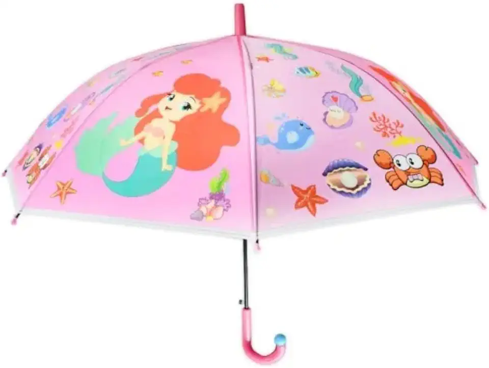Guarda-Chuva Infantil Automatico Sereia Rosa com Apito Decorado com Fundo do Mar Premium