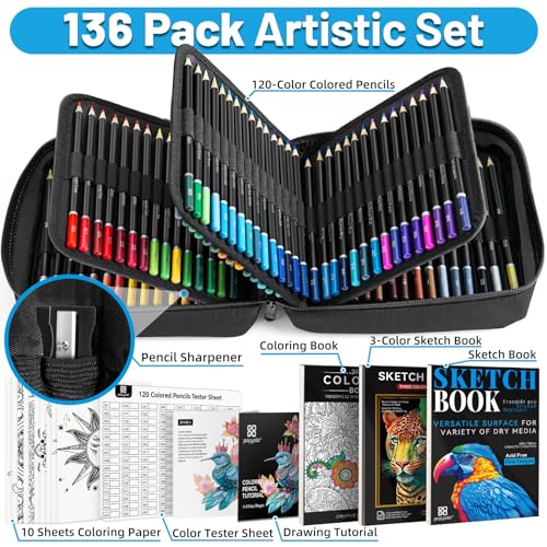 Art Supplies 136 Pack Colored Pencils Set for Adult Coloring Books, 120 Colors Colored Pencils with Sketch Book, Coloring Book, Sharpener, Soft Core Coloring Pencils Gifts for Adults Kids Beginners - Image 3