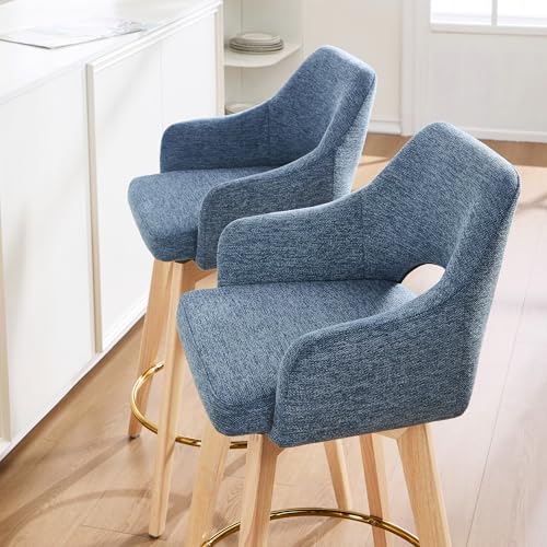 Image of Zesthouse Swivel Wooden Bar Stools Set of 4, Coastal Blue Counter Height Stools with Arm & Back, Upholstered Linen Fabric Barstools with Solid Wood Leg & Gold Metal Ring, High Chair for Kitchen Island