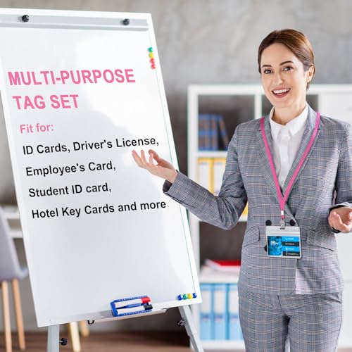 Image of Marspark 100 Sets Clear Name Tags with Lanyard, Lanyards for ID Badges Reusable Strap with ID Holder Plastic Name Badges for Adults Business School Church Conference (Pink)