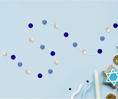 Miniatura 8 de Guirnalda de bolas de fieltro de Hanukkah, guirnalda de pompones azul oscuro y blanco para fiesta judía de Janucá, para interiores y exteriores,