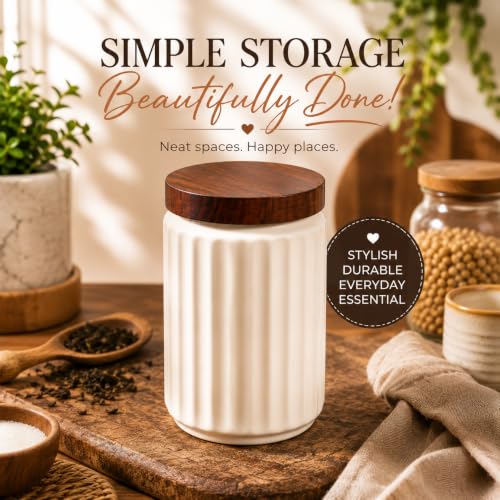 Image of Airtight Ceramic Jars (Pack of 2) - 1000ml Each - Wooden Lid - Kitchen Containers for Sugar, Tea, Salt, Pickles, Pulses & More (White)