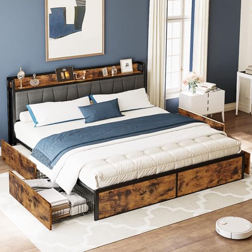 LIKIMIO California King Bed Frame with 4 Storage Drawers, Platform Bed with Charged Headboard, Sturdy and Stable, No Noise, No Box Spring Needed, Easy to Install, Vintage Brown and Gray