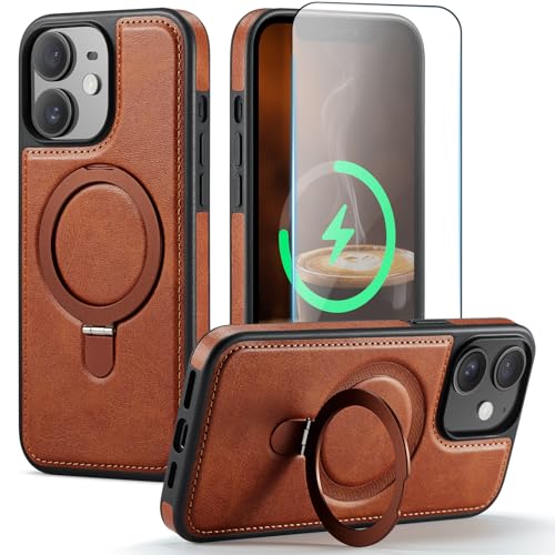 CHEEWADA for iPhone 12/12 Pro Case with Stand, Compatible with MagSafe, Slim PU Leather & TPU Drop-Proof Protective Magnetic Kickstand Phone Cases with Tempered Glass Screen Protector 6.1', Brown