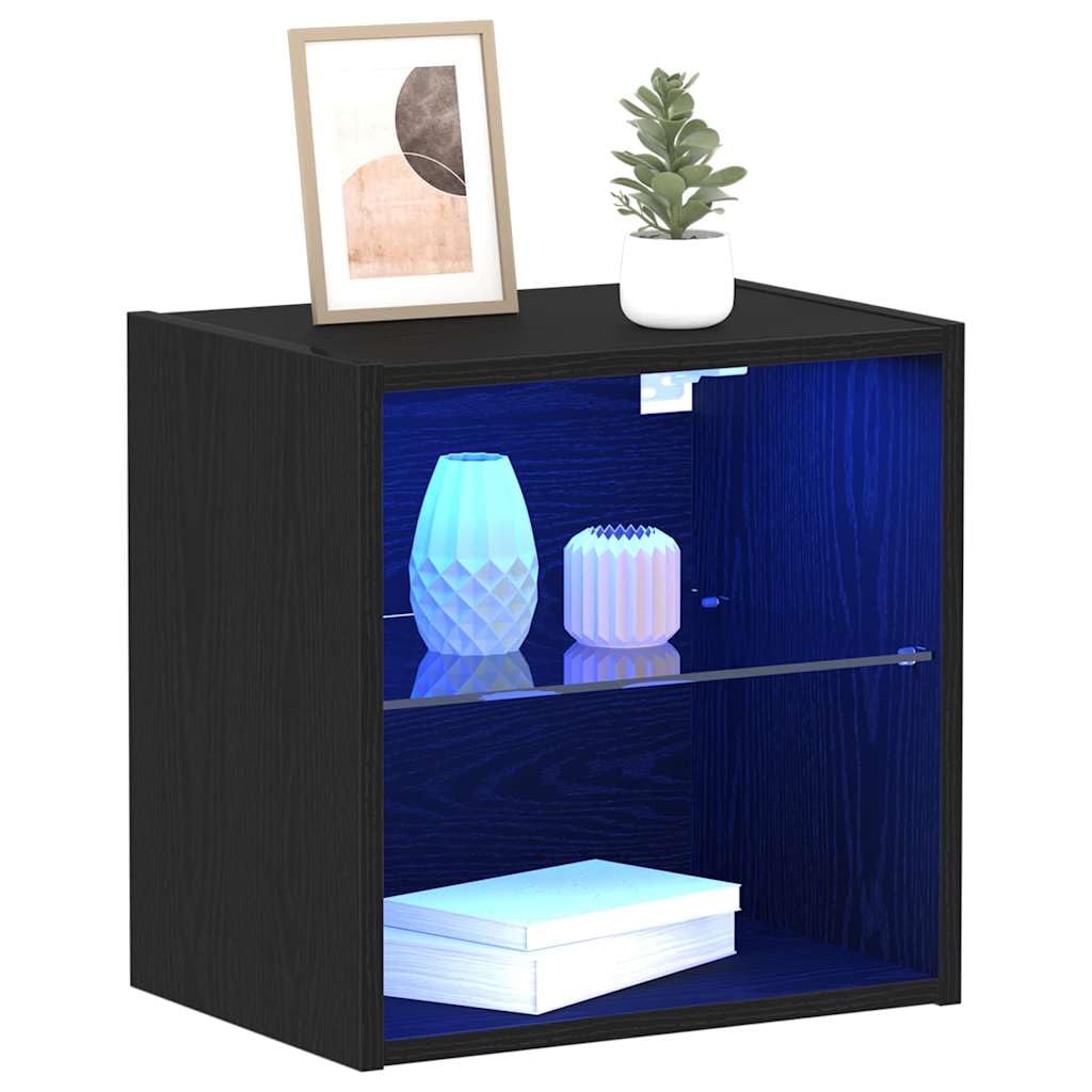 Pływający regał z oświetleniem LED, czarny, z materiału drewnopochodnego, 40 x 28,5 x 40 cm, 3 deski, miejsce do przechowywania do salonu, sypialni, biura, nowoczesne wzornictwo, oszczędność
