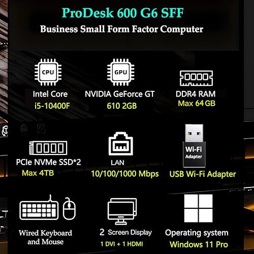 Image of HP ProDesk 600 G6 SFF Desktop PC, Intel 6-Core i5-10400F, 16GB DDR4 RAM, 512GB SSD, GeForce GT 610, Windows 11 Pro, Dual Monitor, USB WiFi Adapter, Keyboard & Mouse, Business Computer